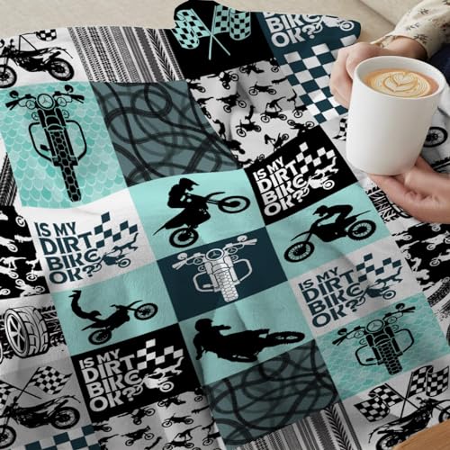 Buyyet Cool Dirt Bike Blanket,Extreme Sport Motorcycle Gift Blanket for Kid Men,Racing Themed Patchwork Grid Blanket Motocross Rider Plaid Blanket Motorcycle Silhouette Blanket 40''x 50''for Kid/Child