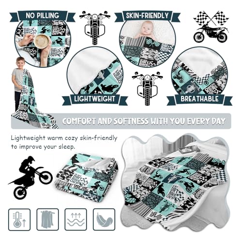 Buyyet Cool Dirt Bike Blanket,Extreme Sport Motorcycle Gift Blanket for Kid Men,Racing Themed Patchwork Grid Blanket Motocross Rider Plaid Blanket Motorcycle Silhouette Blanket 40''x 50''for Kid/Child