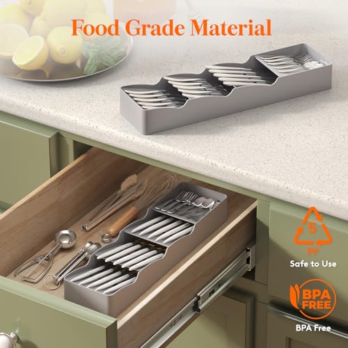 Lifewit Compact Flatware Drawer Organizer, Narrow Silverware Tray for Kitchen Drawers, Plastic Cutlery Holder for Spoons, Forks and Knives, Utensils Storage Organization, Gray