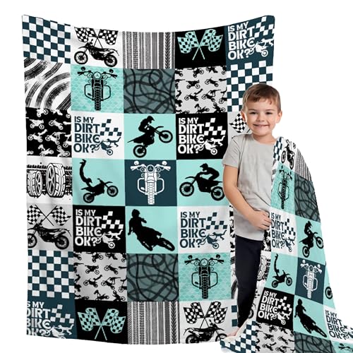 Buyyet Cool Dirt Bike Blanket,Extreme Sport Motorcycle Gift Blanket for Kid Men,Racing Themed Patchwork Grid Blanket Motocross Rider Plaid Blanket Motorcycle Silhouette Blanket 40''x 50''for Kid/Child