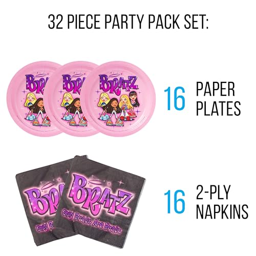 Silver Buffalo Bratz Dolls 32-Piece Purple Paper Napkin and Plate Party Pack Featuring Yasmin, Sasha, Jade, and Cloe