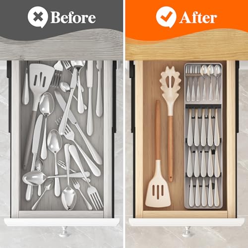 Lifewit Compact Flatware Drawer Organizer, Narrow Silverware Tray for Kitchen Drawers, Plastic Cutlery Holder for Spoons, Forks and Knives, Utensils Storage Organization, Gray