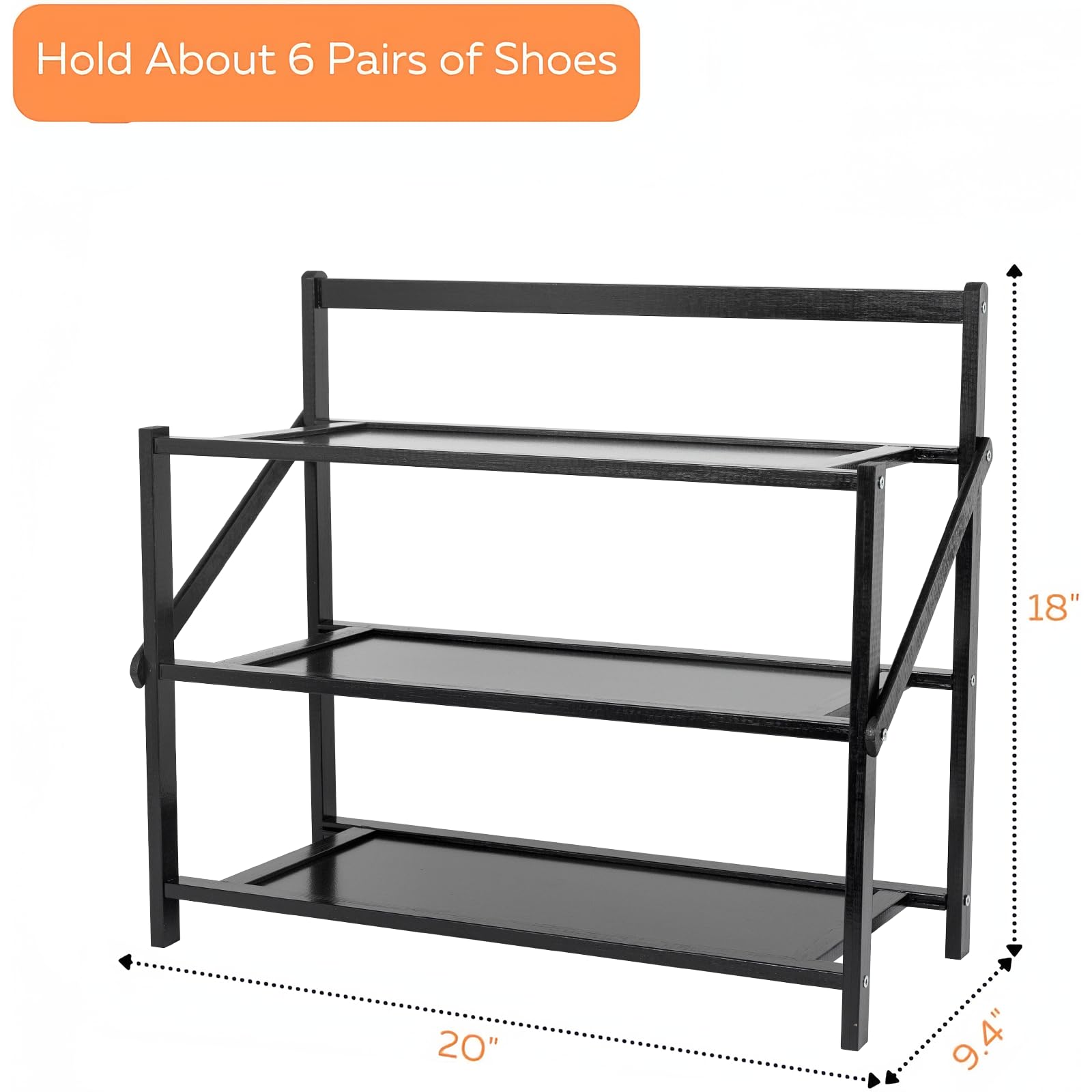 COMAX Folding Bamboo Shoe Rack for Entryway Small Space, Installation-Free Foldable Shoes Storage Organizer, Free Standing Three Shelf Shoe Stand for 6-9 Pairs, Small Shoe Rack 3 Tier 20 Inch Wide