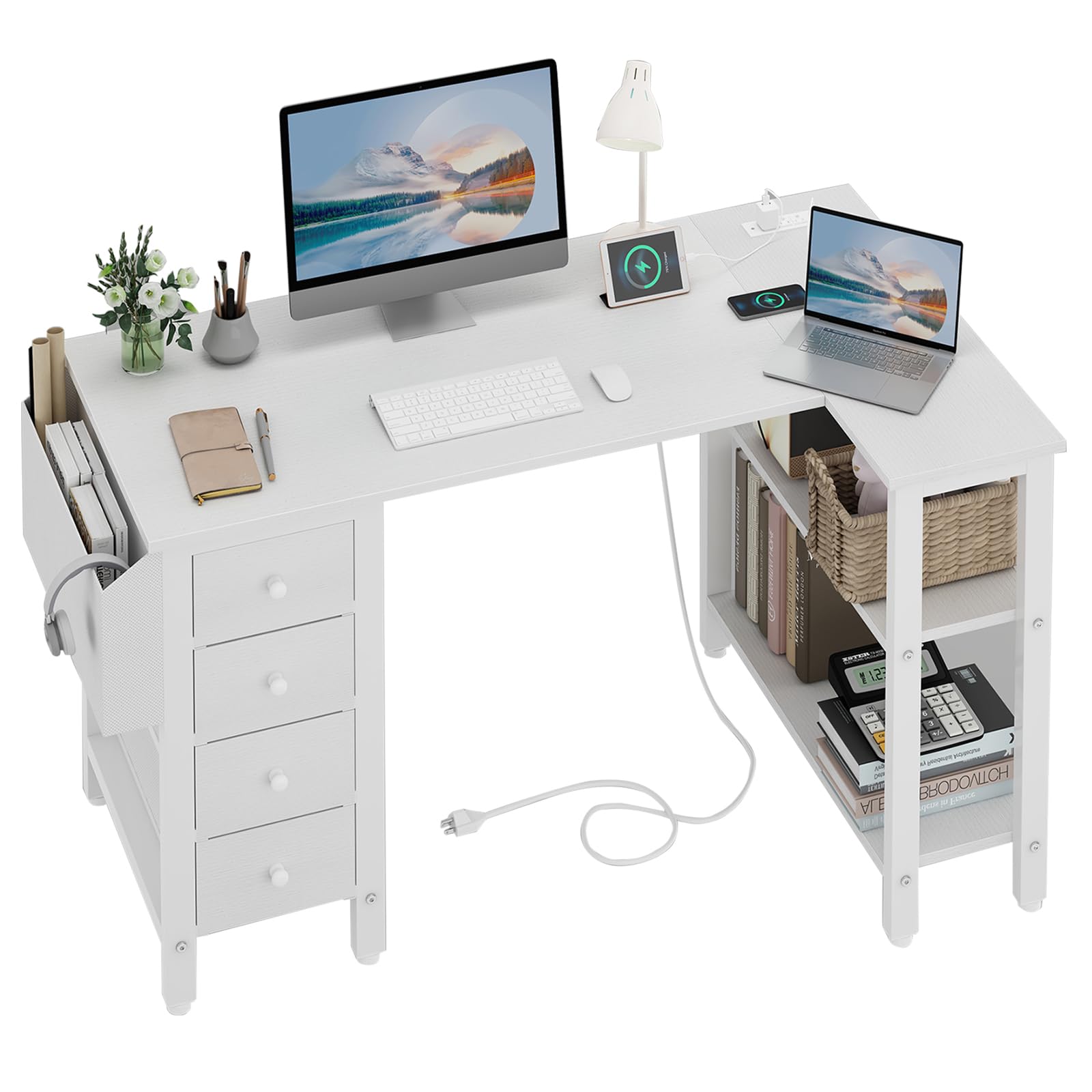 Lufeiya White L Shaped Computer Desk with Drawers & Storage Shelves, 47 Inch Corner Desk with Power Outlet for Home Office Bedroom, L-Shaped Teen PC Desks with Fabric Drawer, White