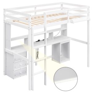 DEYOBED Full Size Loft Bed, Wooden Bed Frame with Desk, Shelves, Cabinet, 3 Drawers, Bedside Tray, LED Lights, and USB Charging Station for Kids, Teens, Adults - White