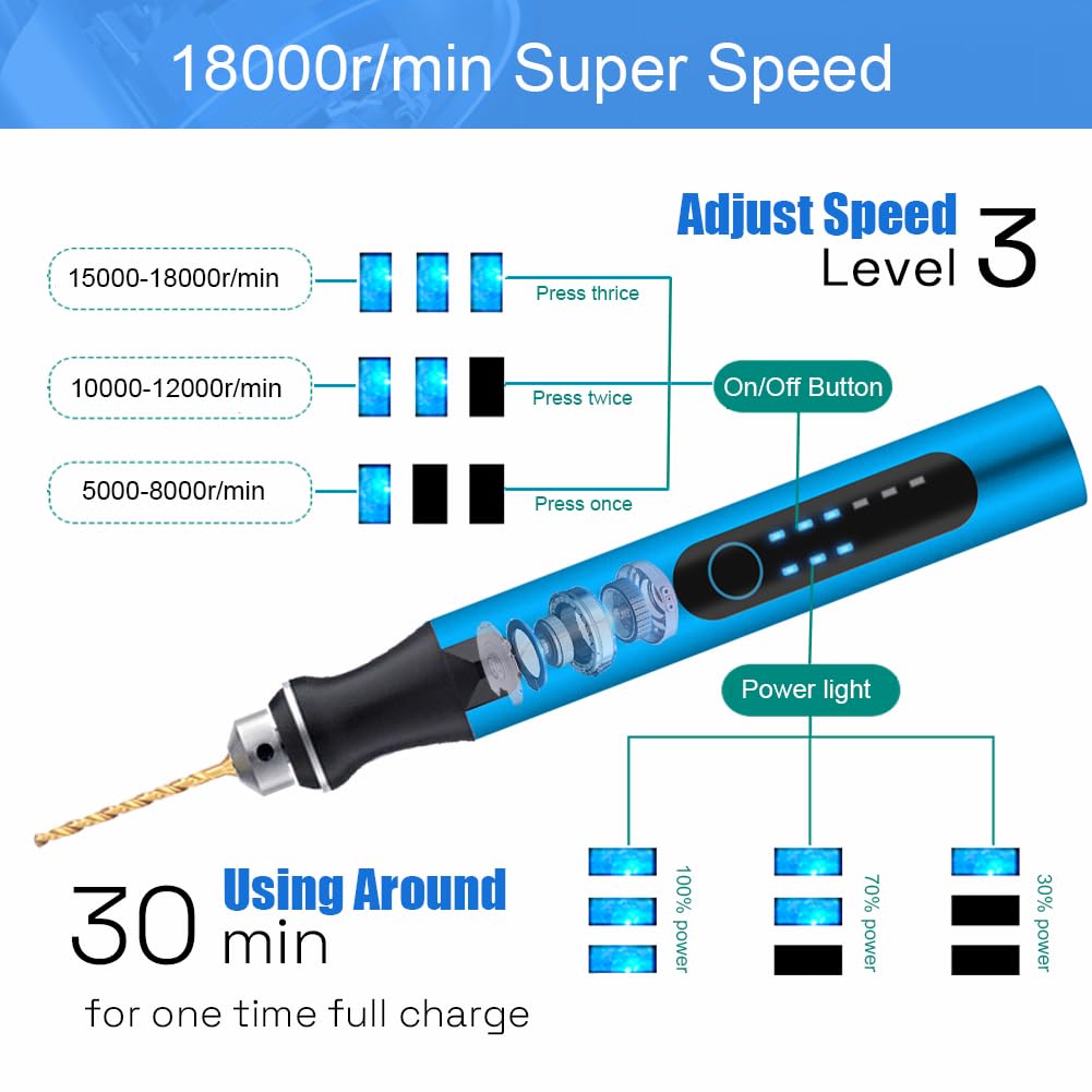 3-Speed Cordless Mini Drill Pen With 8 Small Drill Bits,Rechargeable Electric Hand Drill Pin Vise,Resin Drill Set For Jewelry Making,Resin,Plastic,Wood,Keychains DIY (BLUE)