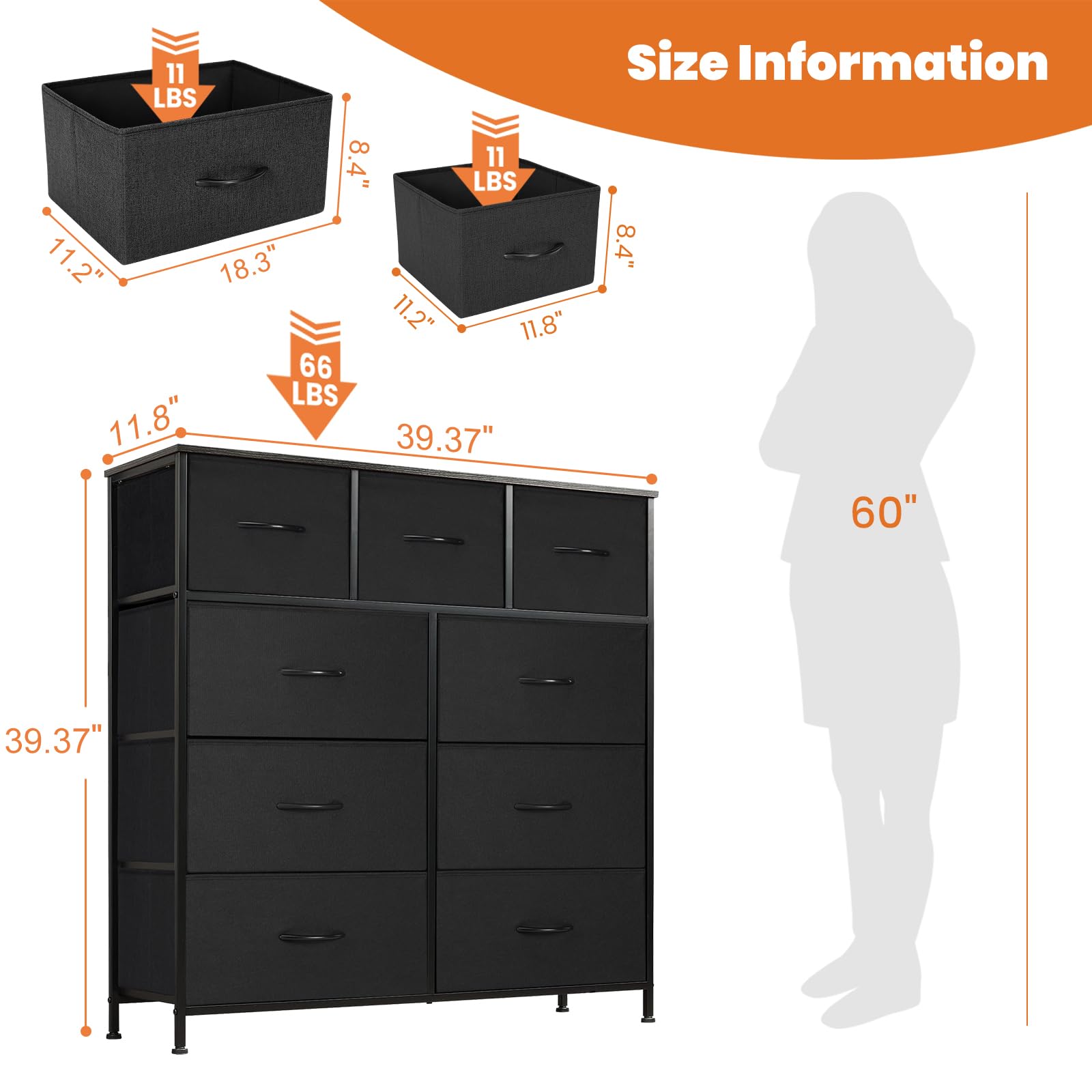 Sweetcrispy 9 Drawers Dresser for Bedroom, Kidsroom Furniture, Tall Chest Tower, Storage Organizer Units for Clothing, Closet, Fabric Bins, Wood Top, Steel Frame, Lightweight, Assemble Tools Include