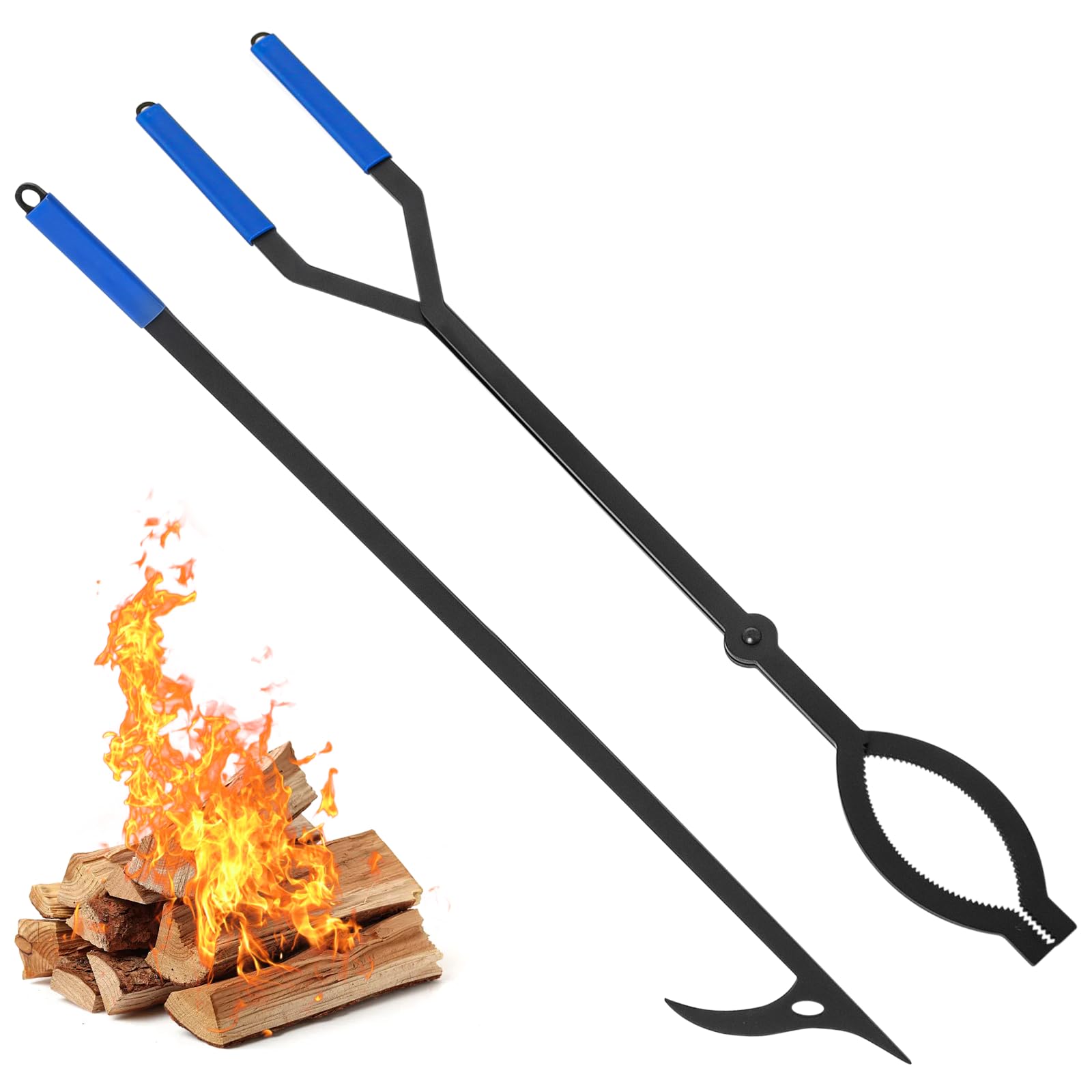 40" Fire Poker Set Heavy Duty Fire Poker for Fire Pit Campfire Fireplace Outdoor/Indoor, Black Rustproof Solid Steel Large Fireplace Poker Log Grabber Safely Moves Firewood