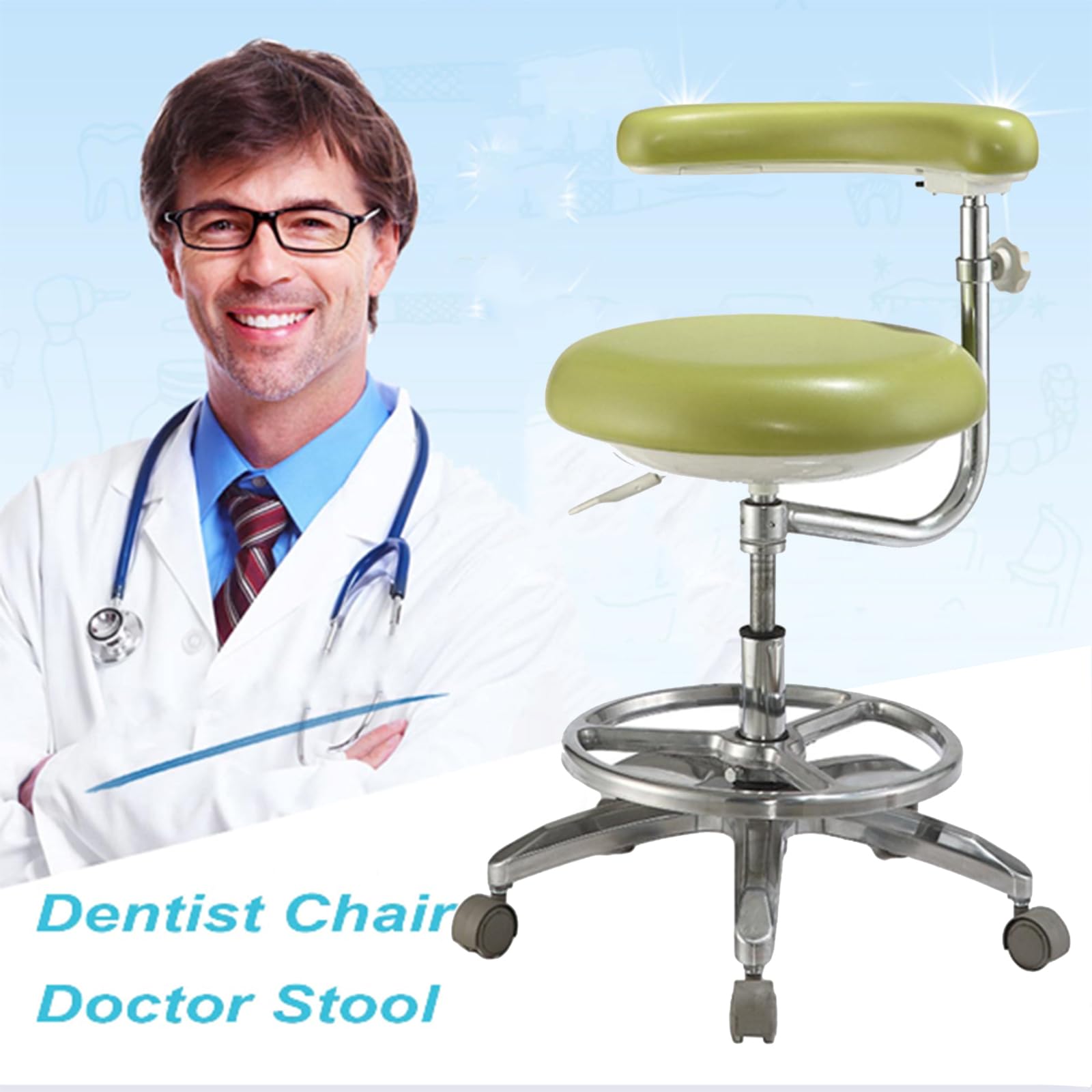 SFKLYU Dental Assistant Chair Adjustable Dental Assistant Stool 360° Rotation Armrest for Office Medical Dentist Shop Lab and Home Beauty Salon,Green