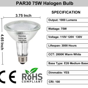 Vannise PAR30 Halogen Bulb 75W 120V, 6 Pack High Output 1000LM PAR30 Long Neck Halogen 75W with Warm White 2800K, PAR30 Dimmable, Long Lasting PAR30 Flood Light Bulb with E26 Medium Base