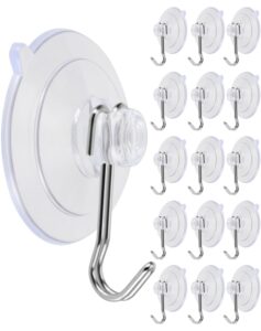 tugeunyu 15 pack suction cup hooks,thicken transparent reusable suction cups for glass/kitchen/bathroom/shower wall/window/door,holds up to 4 lbs (iron hook-b)