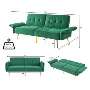 Anwick Velvet Convertible Futon Sofa Bed, Memory Foam Futon Couch Sleeper Sofa, Modern Loveseat Sofa with Adjustable Backrest and Armrests for Home Living Room Office (Green)