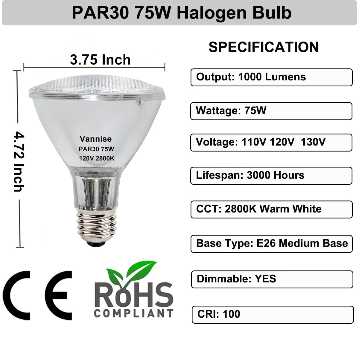 Vannise PAR30 Halogen Bulb 75W 120V, 6 Pack High Output 1000LM PAR30 Long Neck Halogen 75W with Warm White 2800K, PAR30 Dimmable, Long Lasting PAR30 Flood Light Bulb with E26 Medium Base