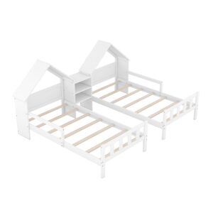 Flieks Double Twin Size Platform Bed with House-Shaped Headboard and a Built-in Nightstand, White