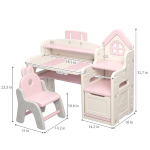 UNICOO Kids 3 in 1 Multifunctional Desk, Kids Activity Table, Children Height Adjustable Learning Desk, Toddler Drawing Table Art Table with Chair Set (QB-002-P Pink)