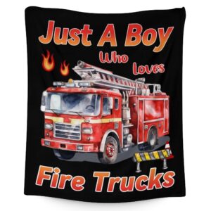 fire truck throw blanket - 50x40 inches small blanket for kids, boys - soft plush blankets for bed, couch, sofa - black cute fuzzy throws gifts