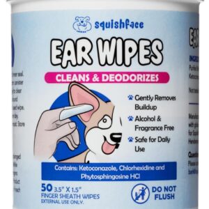 Squishface Dog Ear Relief Individual Finger Sheath Wipes – Non-Allergenic Ingredients & Irritation-Reducing Formula Cleans & Deodorizes, Helps Prevent Ear Itch & Odor – for All Breeds! (50 Count)