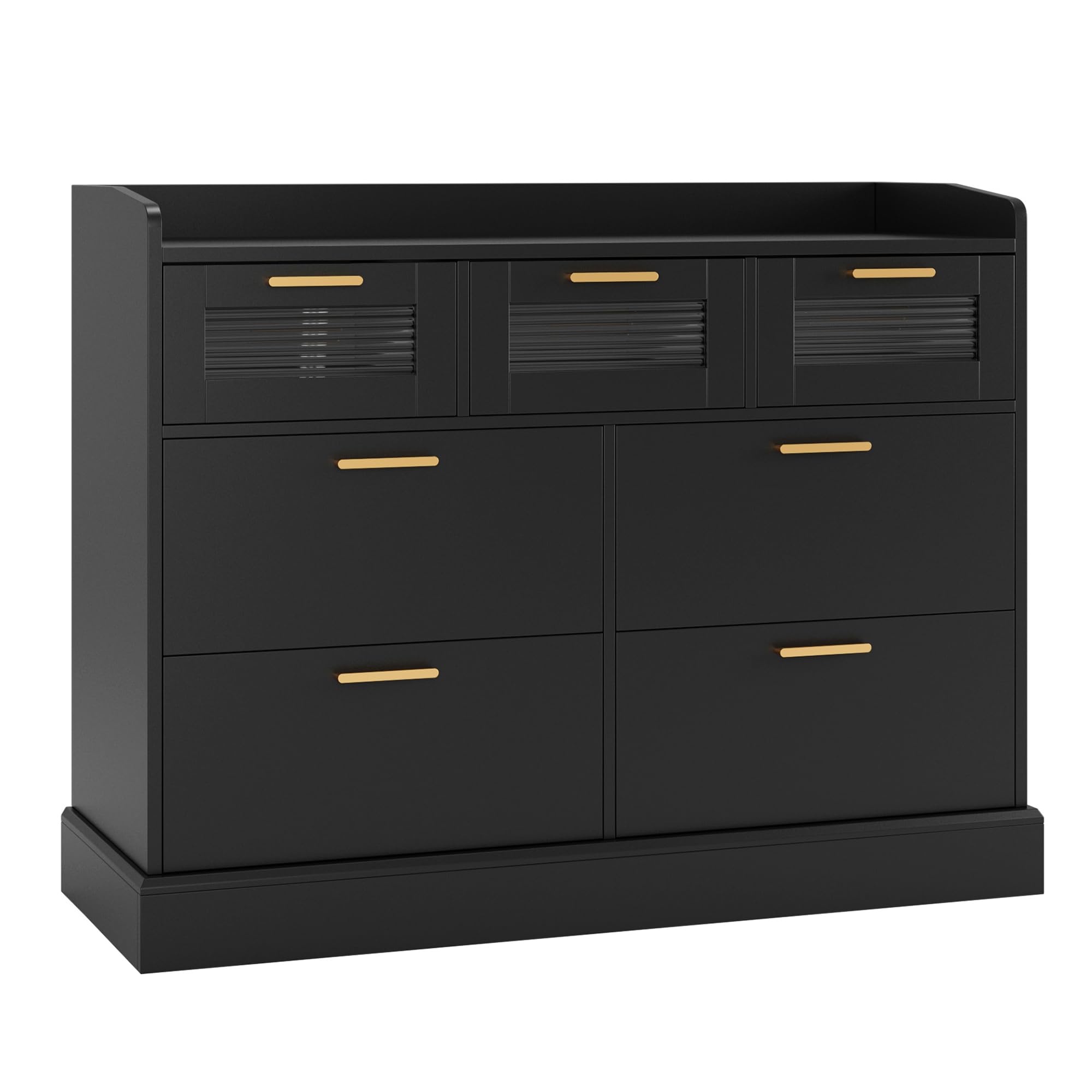 HOSTACK Modern 7 Drawer Dresser, Wide Chest of Drawers with Fence, Wood Storage Organizer with Gold Handle & Fluted Glass, Accent Storage Cabinet for Living Room, Entryway, Black