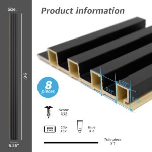 Art3d 8-Pack 96 x 6in. WPC Acoustic Slat Wall Panel for Modern Interior Decor, TV Background, Living Room, Matte Black