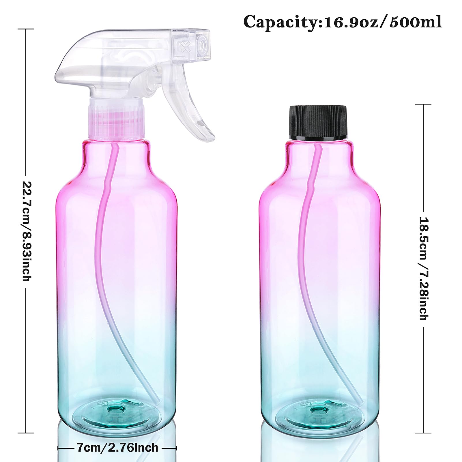 Hethyo 4 pack Plastic Spray Bottles Empty Spray Bottle 16.9oz/500ml Heavy Duty Spraying Bottles Mist/Stream Water Bottle for Cleaning Solutions, Hair, Cooking (2Clear&1 brown&1 gradient)