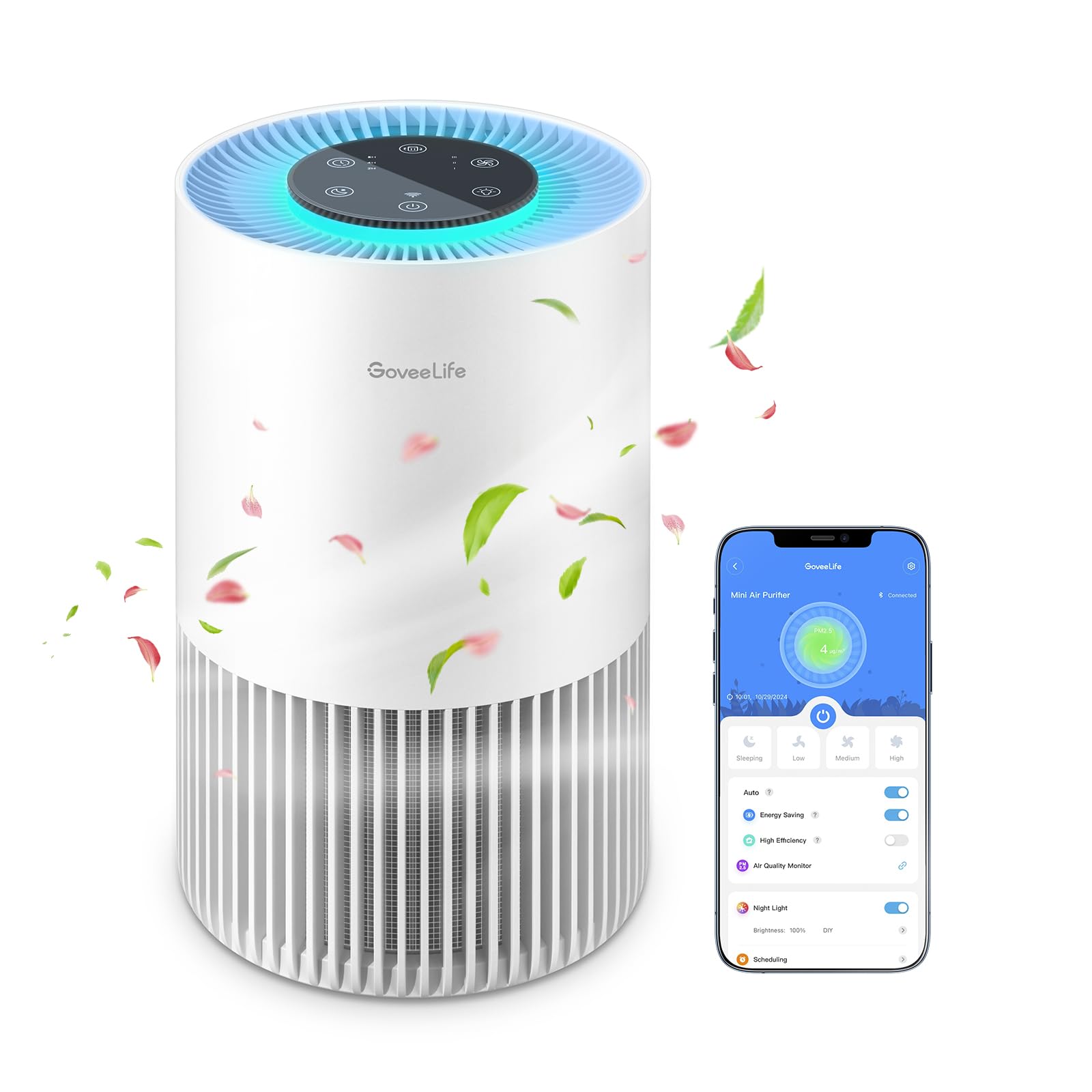 GoveeLife Smart Air Purifiers for Bedroom, with WiFi Alexa Control, HEPA 24dB Quiet Air Purifier with Fragrance Sponge, RGB Night Light, for Pet Dander, Allergies, Smoke, Office and Desktop, White