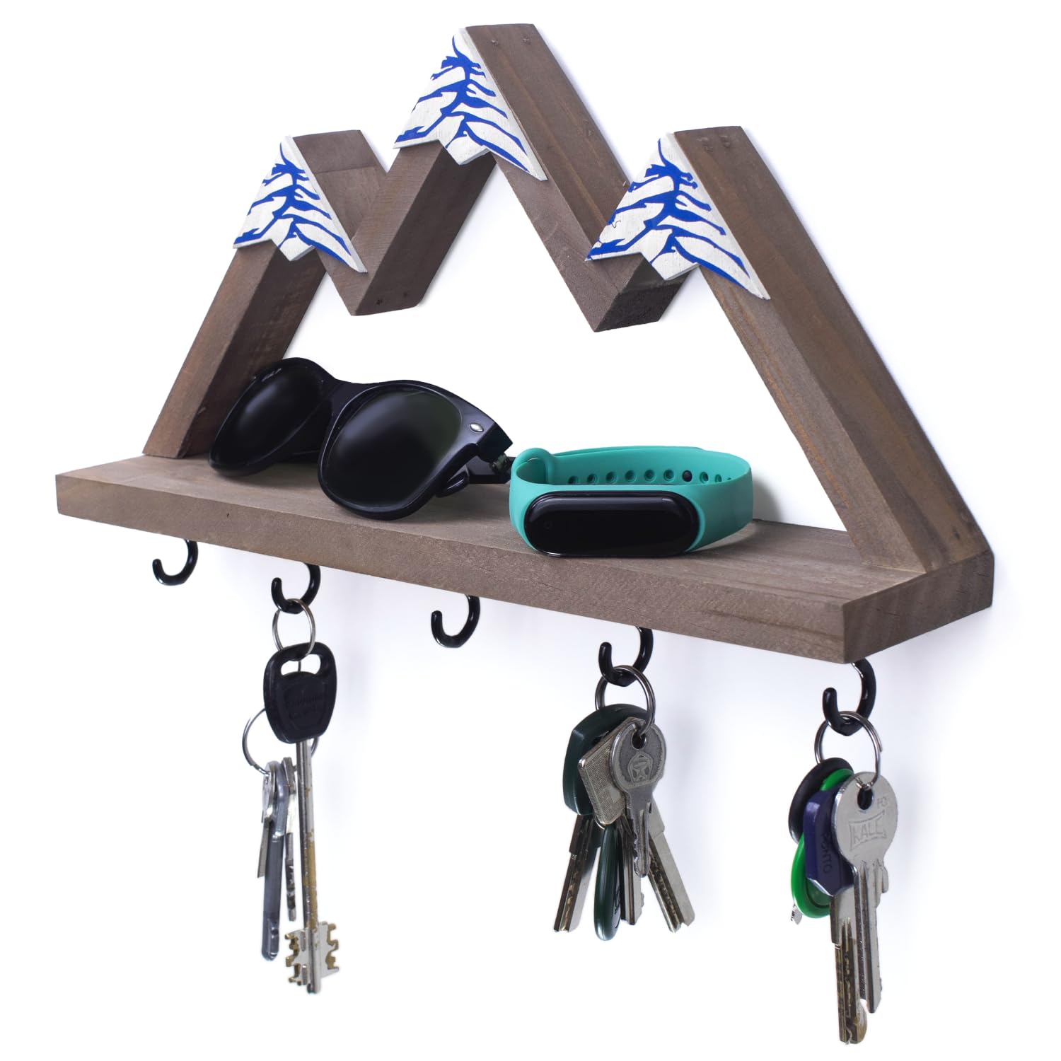 Wood Mountain Shelf - Key Holder Wall Mount Cute - Mountain Themed Nursery Décor - Farmhouse Key Holder for Wall (Brown/Blue)