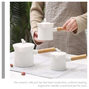 BESTonZON Ceramic Milk Warmer Pot 350ml Enamel Milk Pan Non-stick Milk Saucepan with Lid Porcelain Coffee Pot Food Bowl Butter Warmer with Wooden Handle for Heating Liquid Appetizer