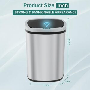 Kitchen Trash Can Automatic Trash Can Trash Can with Lid 50 Liter 13 Gallon Touch Free High-Capacity Brushed Stainless Steel Waste Bin for Bathroom Bedroom Home Office (White) (Stainless Steel)