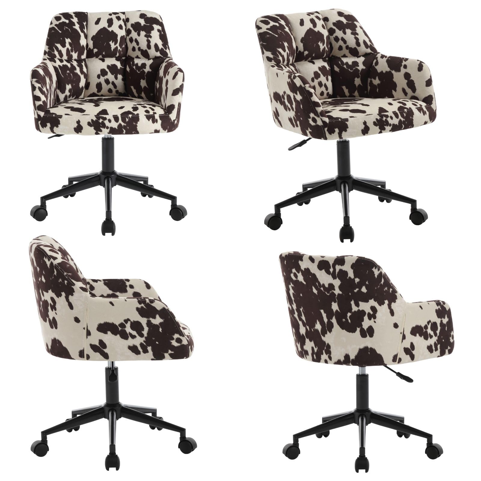 Modern Swivel Home Office Desk Chair with Wheels and Arms, Cow Print Velvet Height Adjustable Comfortable Ergonomic Upholstered Desk Chair, Wide Cute Cowhide Computer Armchair for Living Room Home