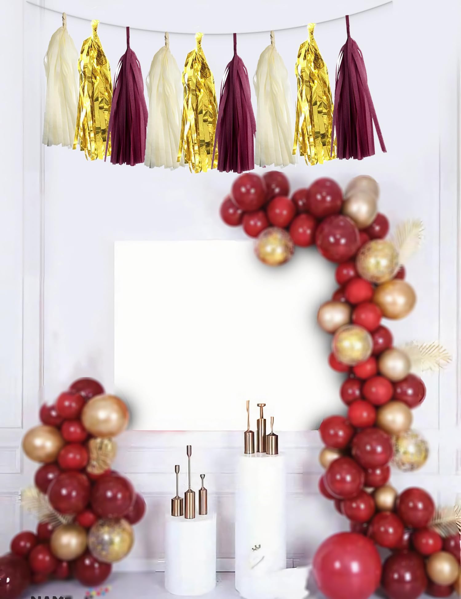 15PCS Burgundy Maroon Gold Beige Party Tissue Tassel Garland Hanging Banner Streamers Graduation Fall Bridal Baby Shower Wedding Birthday Nursery Classroom Décor