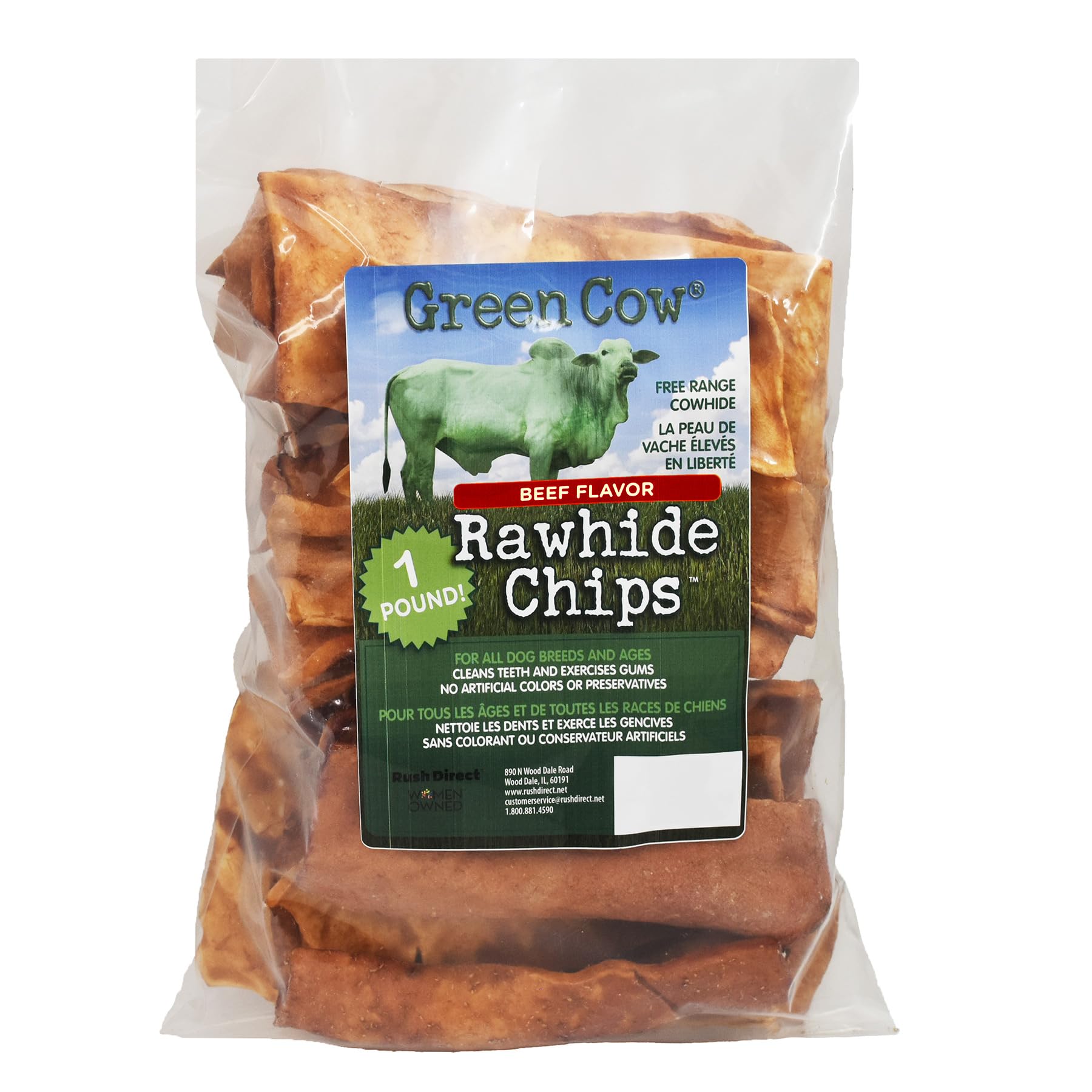 GreenCow Rawhide Chips Beef Flavor 1-Pound Bag - Premium Large Dog Rawhide Chews - Ideal for Agressive Chewers Dog Rawhide Treats - Durable Rawhide Bones for Large Dogs