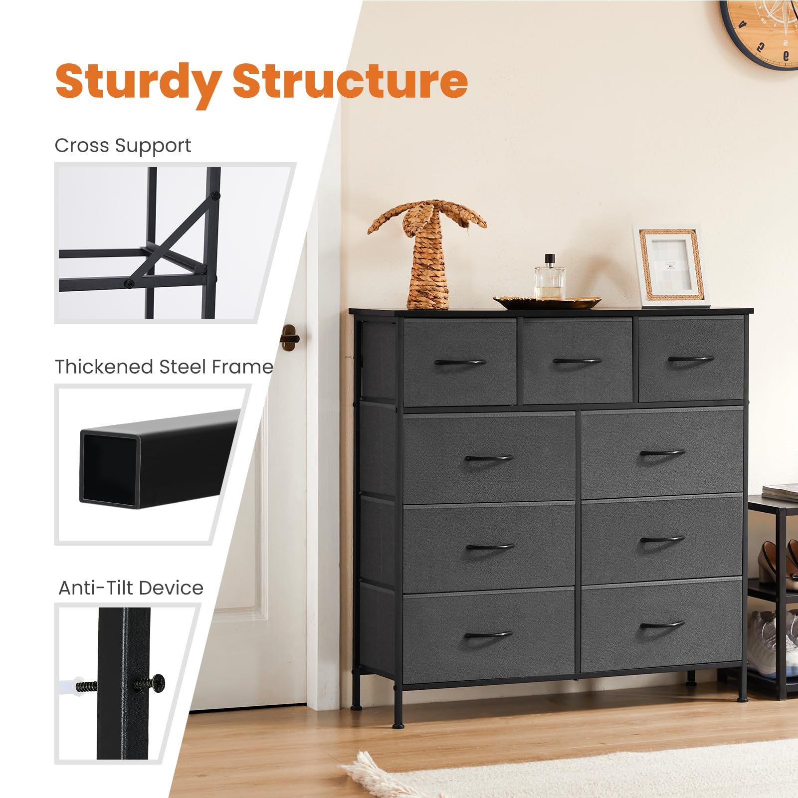 Sweetcrispy 9 Drawers Dresser for Bedroom, Kidsroom Furniture, Tall Chest Tower, Storage Organizer Units for Clothing, Closet, Fabric Bins, Wood Top, Steel Frame, Lightweight, Assemble Tools Include