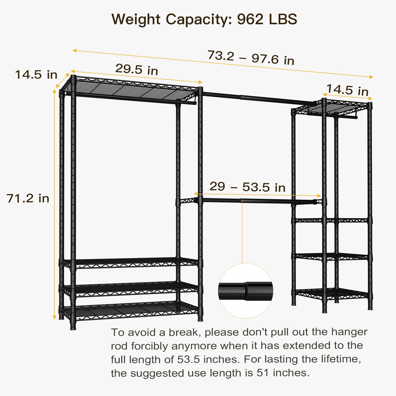 Ulif E11 Heavy-Duty Garment Rack, Metal Freestanding Clothes Rack and Closet Storage Organizer System with 8 Shelves and 4 Hanger Rods, (73.2 - 97.6)"W x 14.5"D x 71.2"H, Load 962 LBS, Black