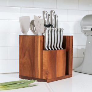 KitchenEdge Acacia Magnetic Knife Block and Cooking Utensil Holder, Sleek Storage for Chefs Knives, Steak Knives, Spatulas, Scissors, Non-Slip Rubber Feet, Easy to Clean, Kitchen Countertop Organizer