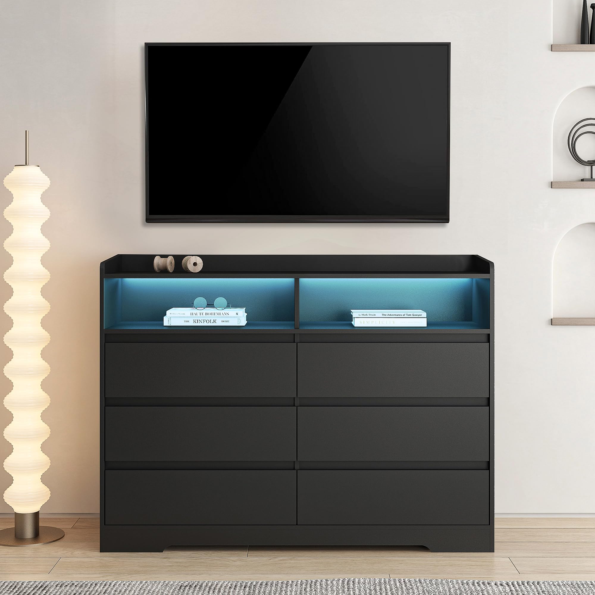 CIPACHO Black Dresser for Bedroom,Dresser with LED Lights,6 Drawer Dresser with 2 Cubby,Chest of Drawers & Dresser,Wood Dresser,Dresser Bedroom Furniture, TV Dresser for Living Room