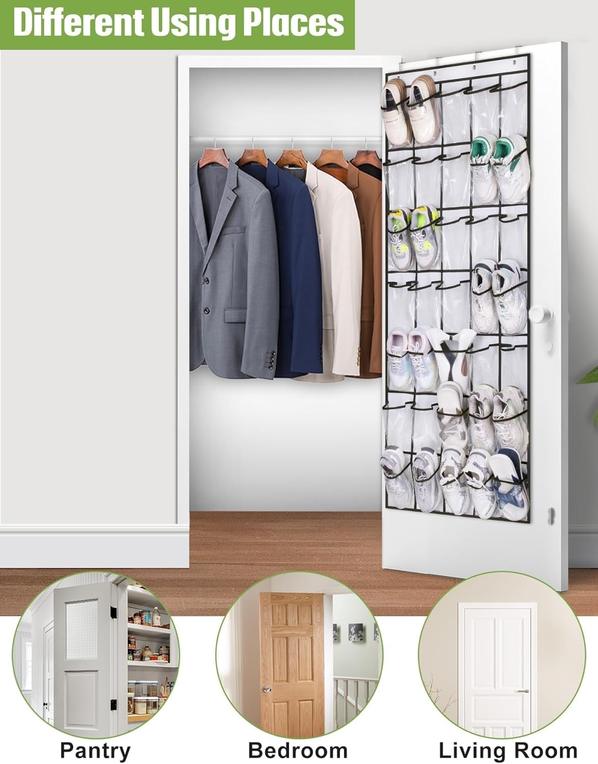 MISSLO 35 Clear Large Pockets Over The Door Shoe Organizer Sturdy Oxford Fabric Hanging Shoe Rack Closet Shoe Holder Hanger, White