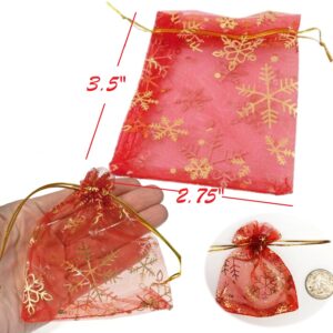 TEXASDELUXE Red Gold Snowflake Small Organza Bags with Drawstring 2x3 40 pack Tiny Small Drawstring Bags 2x3 for Party Wedding Goodies Candies & Jewelry Small Mesh Bags Drawstring 2x3