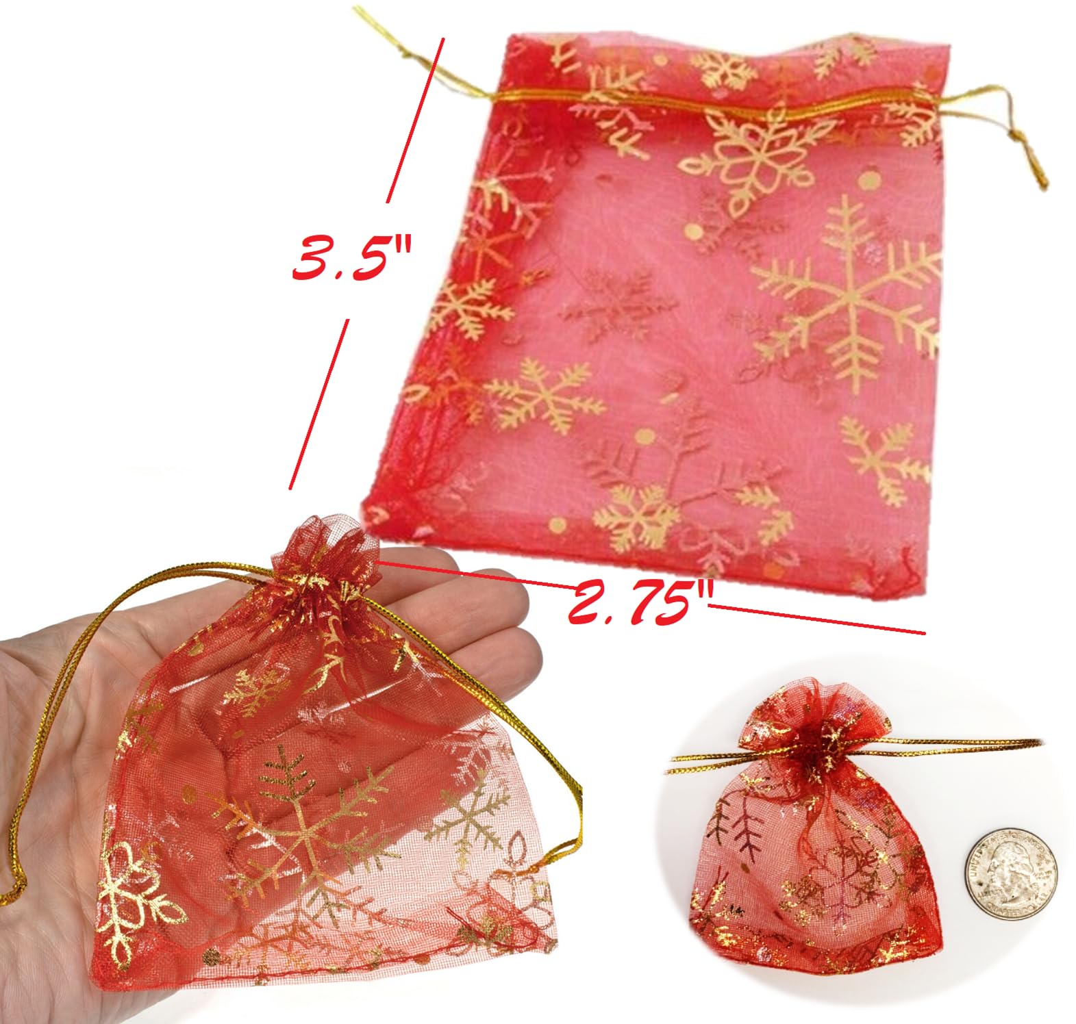 TEXASDELUXE Red Gold Snowflake Small Organza Bags with Drawstring 2x3 40 pack Tiny Small Drawstring Bags 2x3 for Party Wedding Goodies Candies & Jewelry Small Mesh Bags Drawstring 2x3