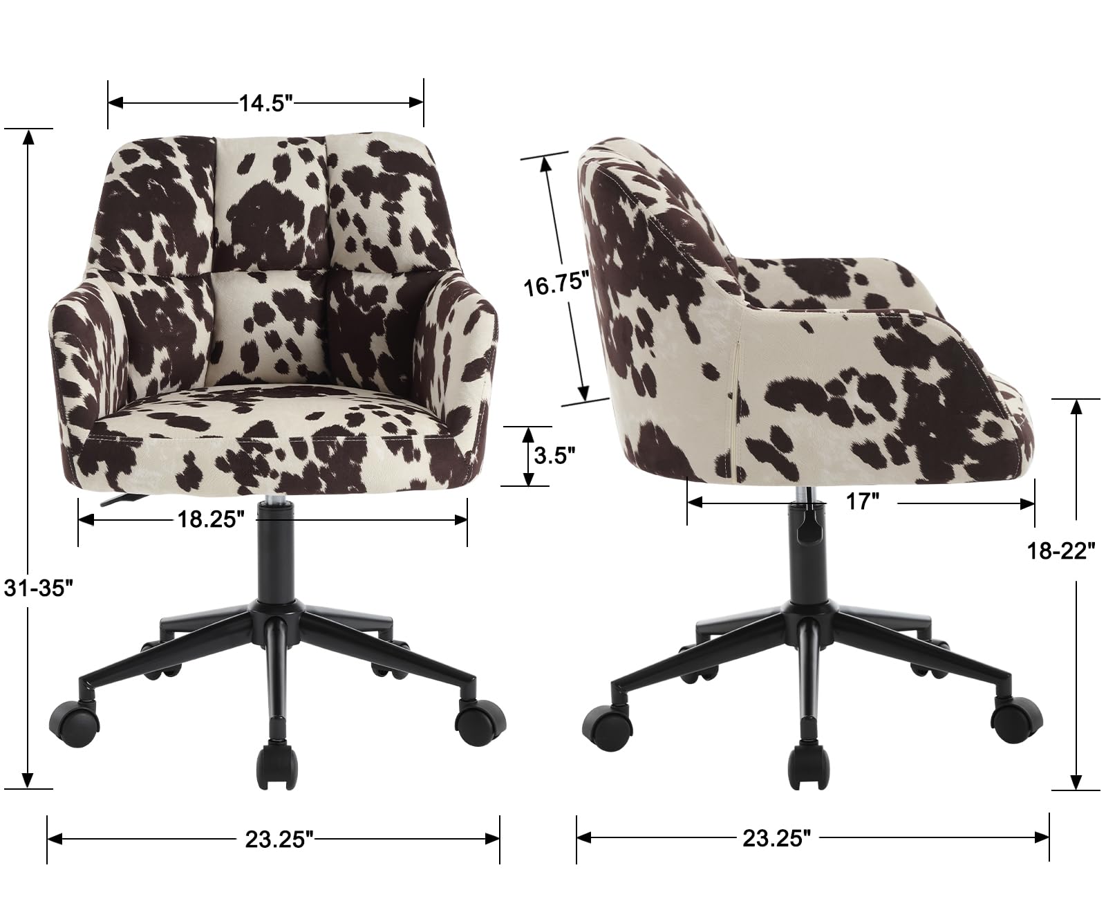 Modern Swivel Home Office Desk Chair with Wheels and Arms, Cow Print Velvet Height Adjustable Comfortable Ergonomic Upholstered Desk Chair, Wide Cute Cowhide Computer Armchair for Living Room Home