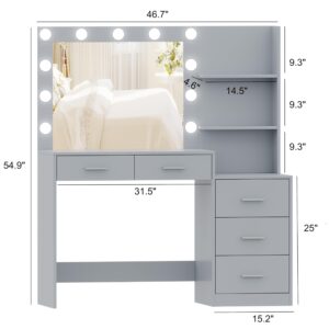 Rovaurx 46.7" Makeup Vanity Table with Lighted Mirror, Large Vanity Desk with Storage Shelf & 5 Drawers, Bedroom Dressing Table, 11 LED Lights, Gray