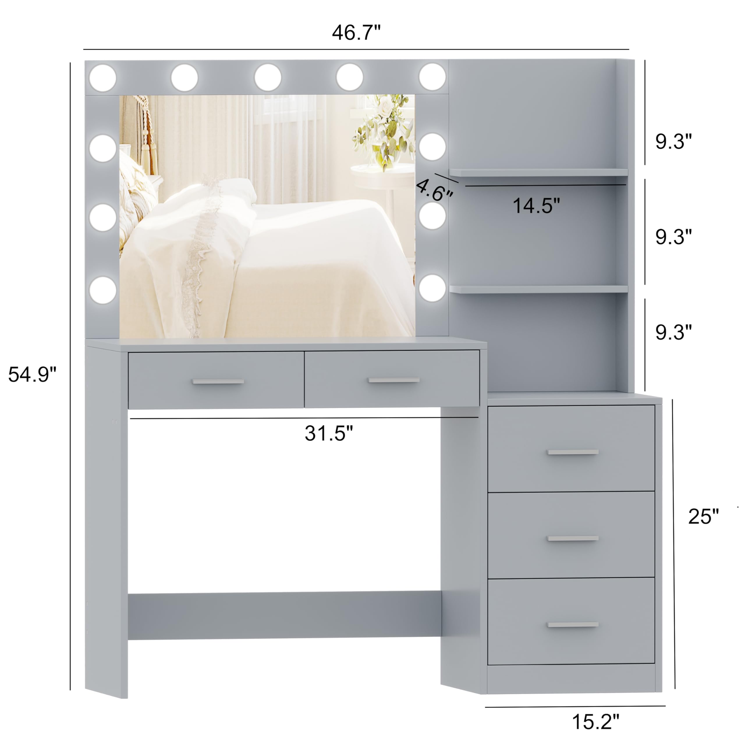 Rovaurx 46.7" Makeup Vanity Table with Lighted Mirror, Large Vanity Desk with Storage Shelf & 5 Drawers, Bedroom Dressing Table, 11 LED Lights, Gray