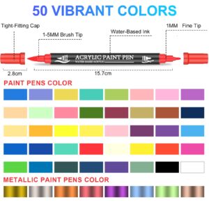 Oficrafted Acrylic Paint Pens, 50 Colors Dual Tip Markers with Fine and Brush Tip, Premium Marking Pens Set for Rock, Wood, Plastic, Fabric Painting and DIY Crafts