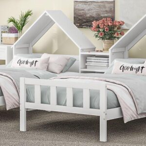 Flieks Double Twin Size Platform Bed with House-Shaped Headboard and a Built-in Nightstand, White