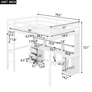 DEYOBED Full Size Loft Bed, Wooden Bed Frame with Desk, Shelves, Cabinet, 3 Drawers, Bedside Tray, LED Lights, and USB Charging Station for Kids, Teens, Adults - White