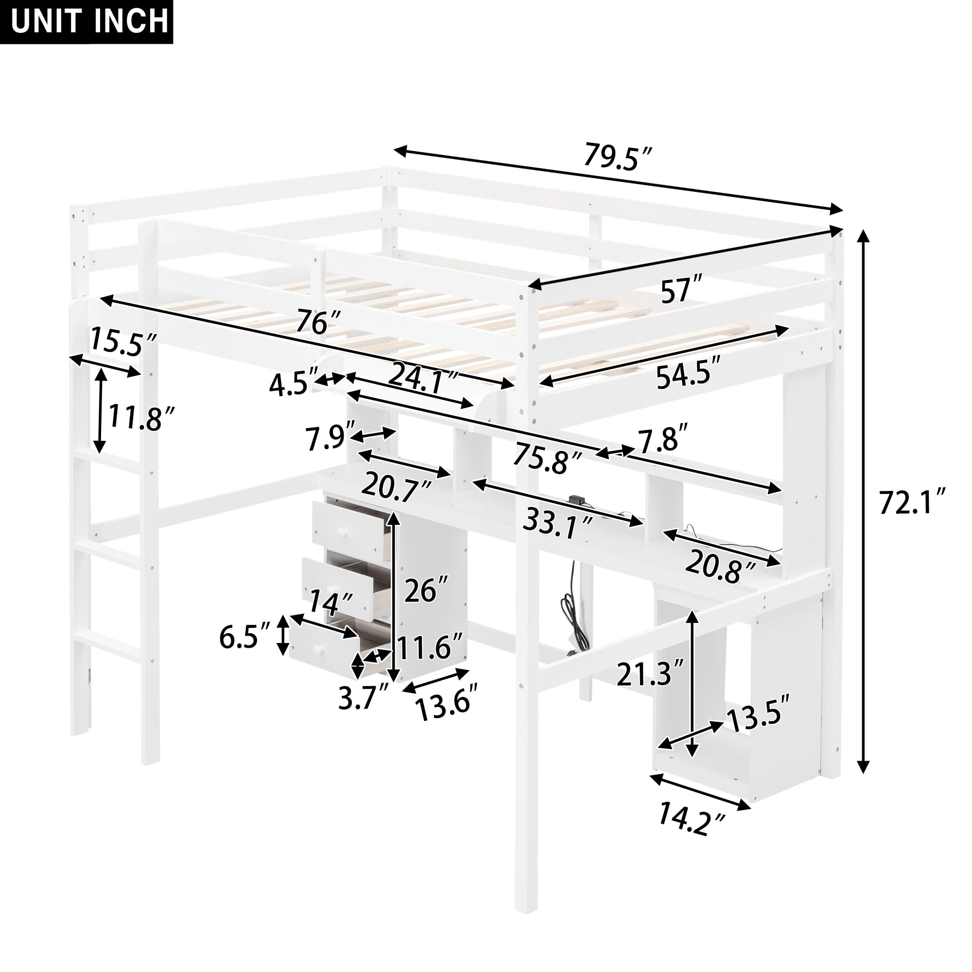 DEYOBED Full Size Loft Bed, Wooden Bed Frame with Desk, Shelves, Cabinet, 3 Drawers, Bedside Tray, LED Lights, and USB Charging Station for Kids, Teens, Adults - White