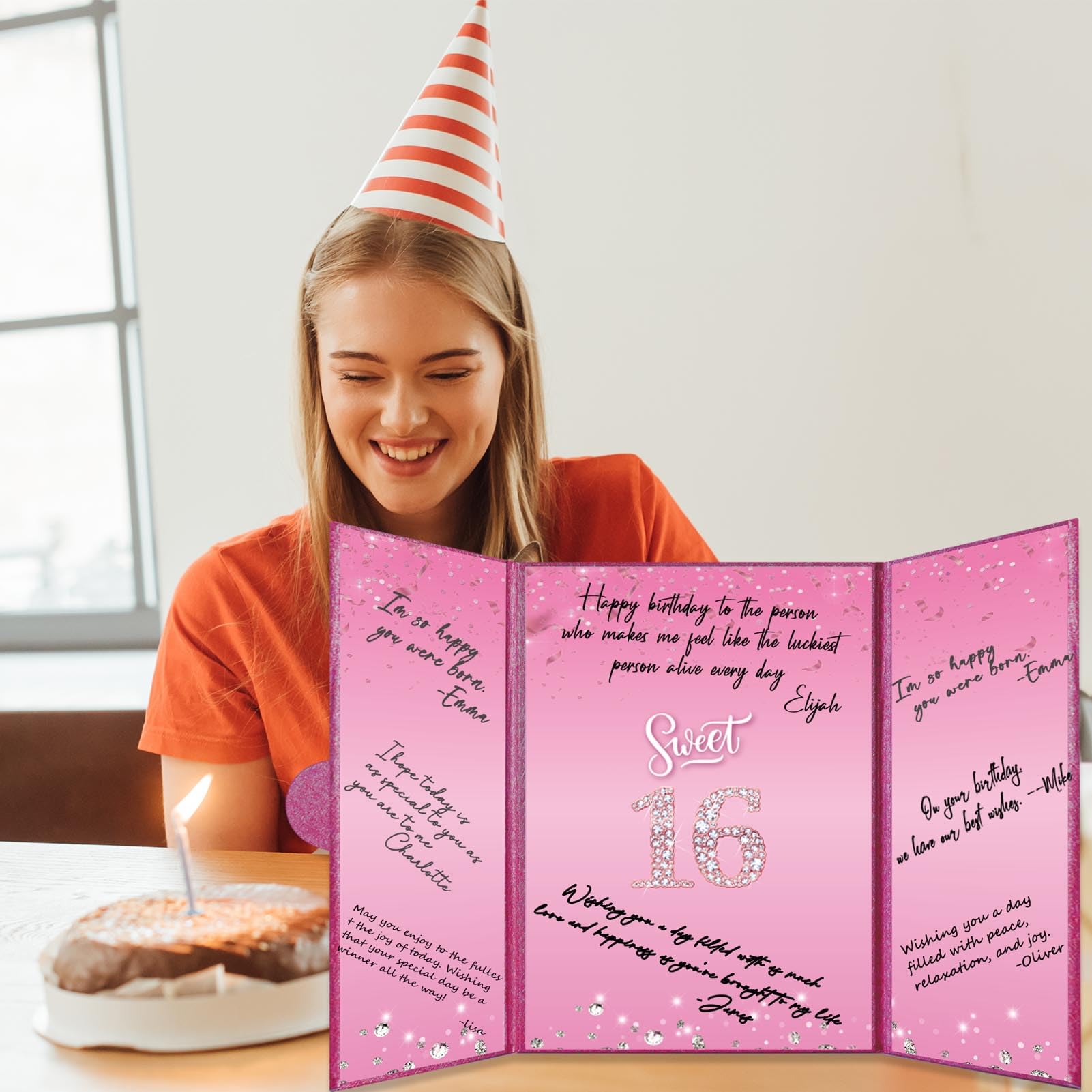 Crenics Sweet 16 Birthday Decorations, Creative Hot Pink 16th Birthday Guest Book Alternative, Large 16th Birthday Signature Book 12" x 18", Great 16 Years Old Birthday Gifts for Girls