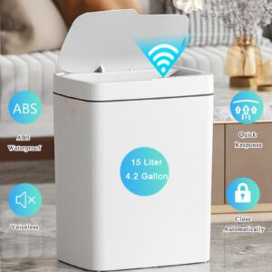 Yuehuam Automatic Bathroom Trash Can with Lid 4 Gallon Touchless Motion Sensor Plastic Trash Bin,IPX5 Waterproof Slim Smart Trash Can for Bedroom Home Office