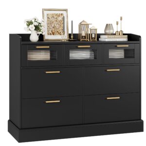 hostack modern 7 drawer dresser, wide chest of drawers with fence, wood storage organizer with gold handle & fluted glass, accent storage cabinet for living room, entryway, black