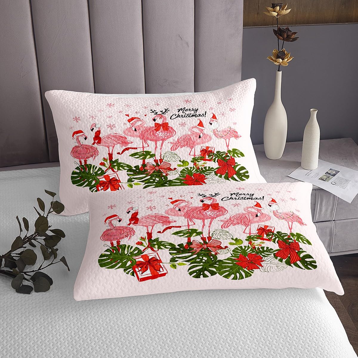 Merry Christmas Quilt Bedding Set Queen Size,Pink Flamingo Cartoon Bird Animal Bedspread Coverlet for Girls Teens,Winter Snowflake Green Leaves Soft Polyester Quilt Set, All Season