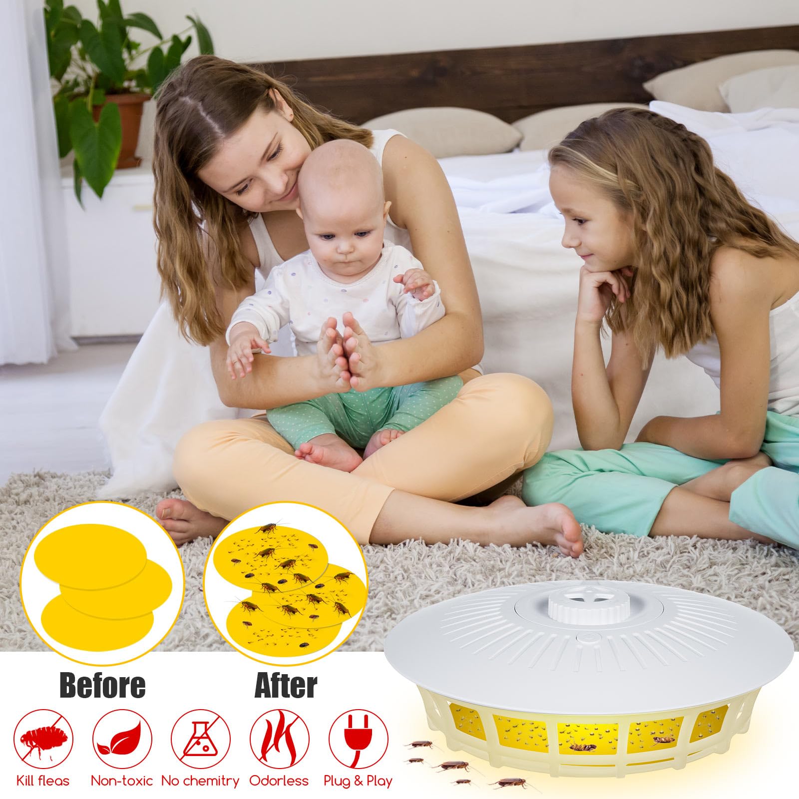 2 Pack Flea Traps for Inside Your Home with 10 Sticky Refill Discs & 4 LED Light Modes Flea Light Trap for Indoor, Harmless & Friendly to Pets & Kids Pest Trapper for Fleas, Flies, Mosquitoes, Moths